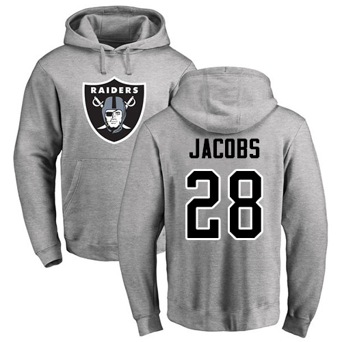 Men Oakland Raiders Ash Josh Jacobs Name and Number Logo NFL Football #28 Pullover Hoodie Sweatshirts
